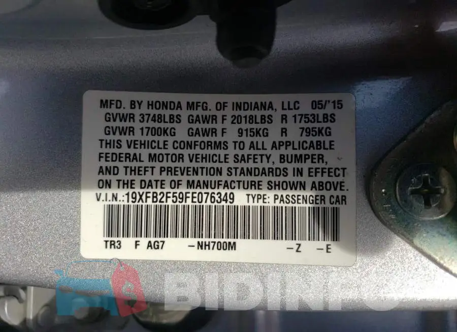 19XFB2F59FE076349 Photo# 12