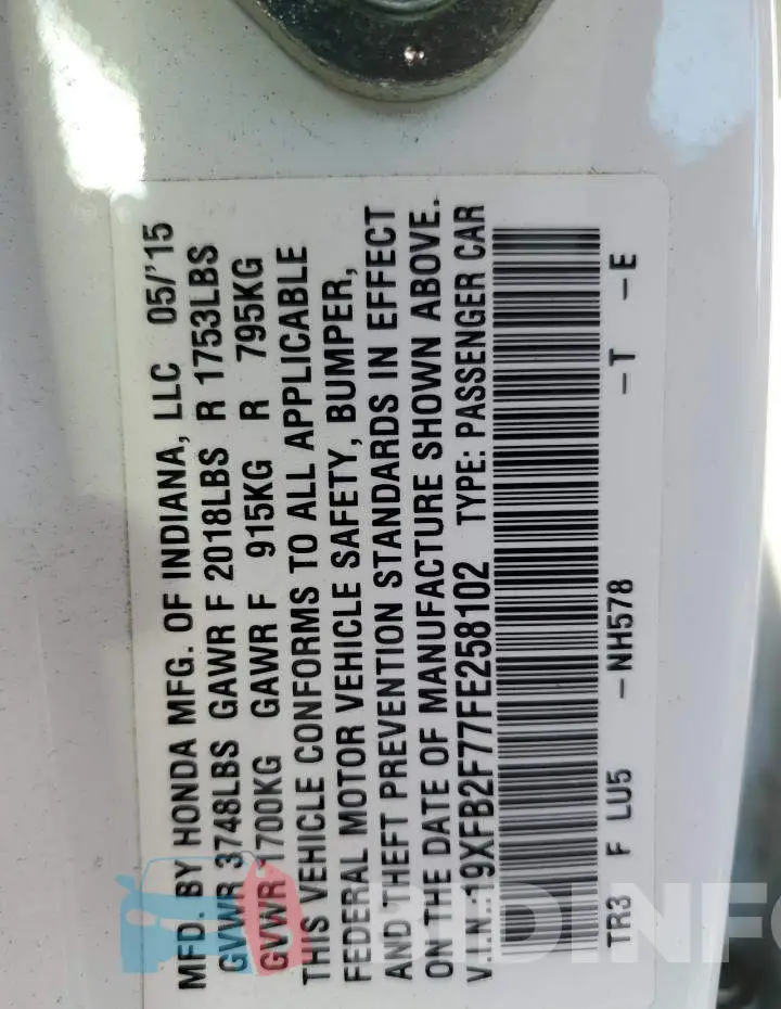 19XFB2F77FE258102 Photo# 13