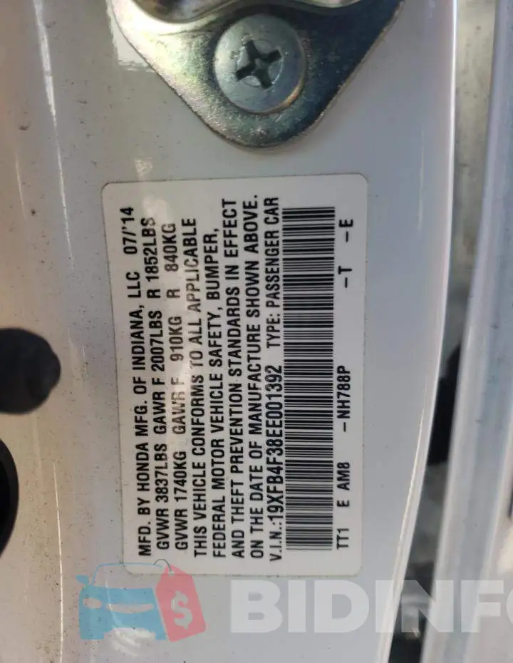 19XFB4F38EE001392 Photo# 12