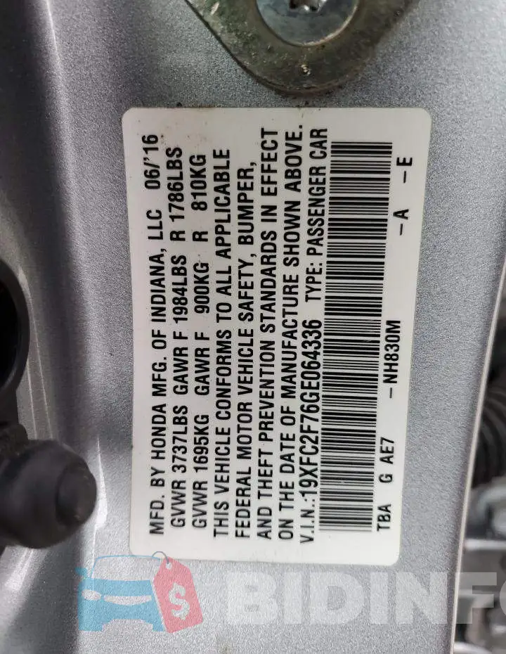 19XFC2F76GE064336 Photo# 12