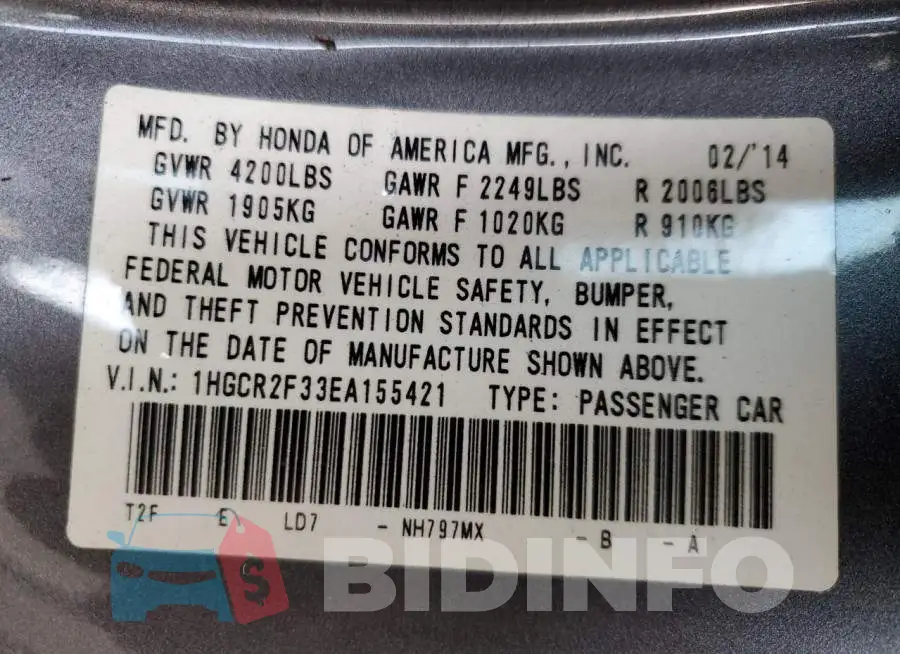 1HGCR2F33EA155421 Photo# 12