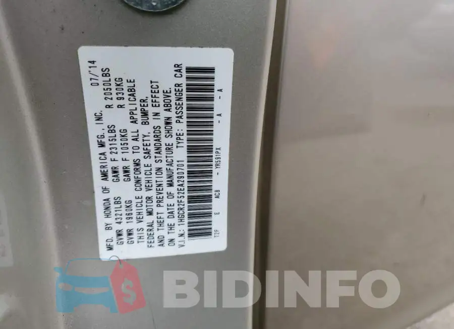 1HGCR2F52EA290701 Photo# 13
