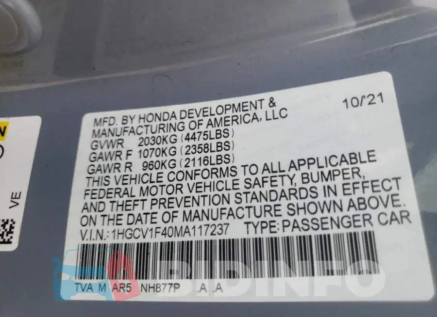 1HGCV1F40MA117237 Photo# 10