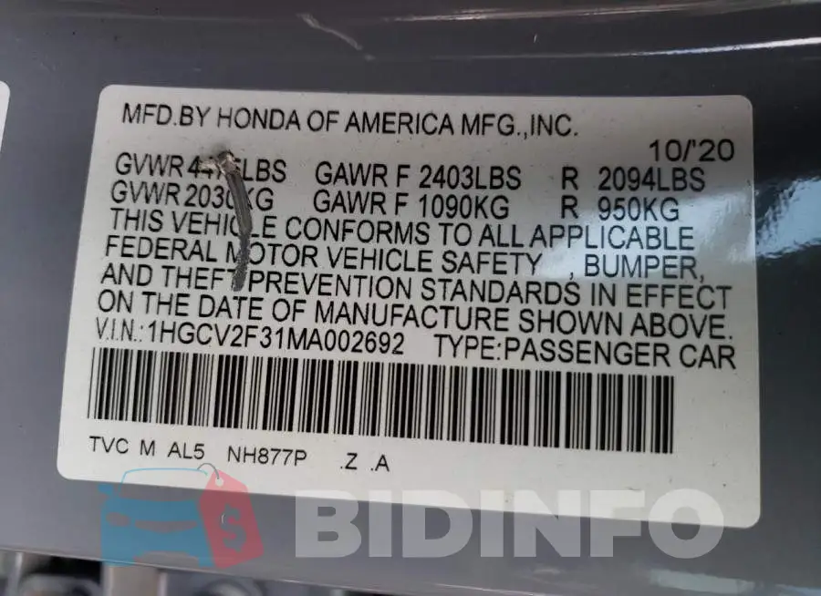 1HGCV2F31MA002692 Photo# 13
