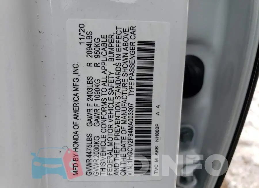 1HGCV2F94MA003307 Photo# 13