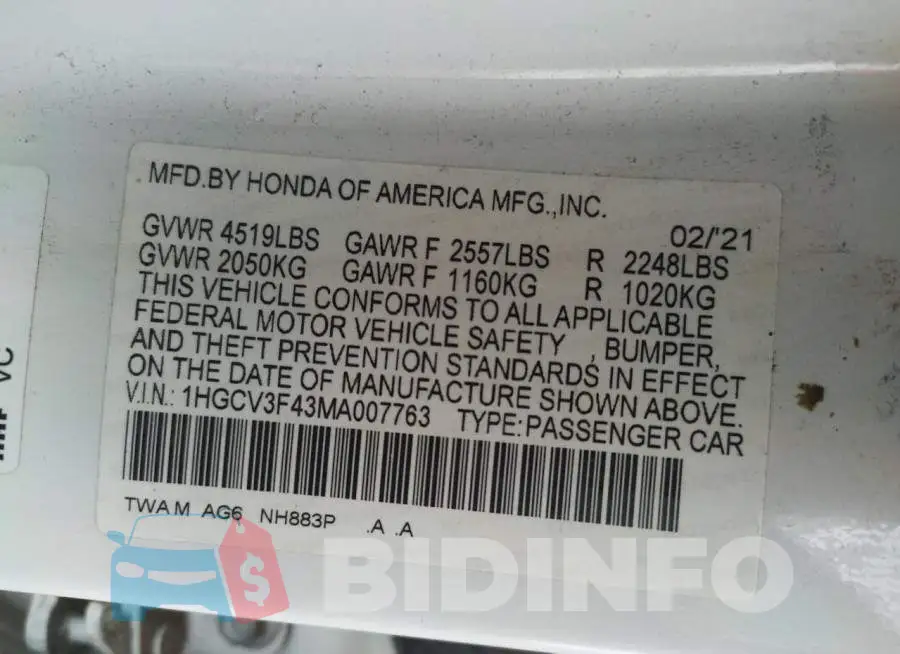 1HGCV3F43MA007763 Photo# 12