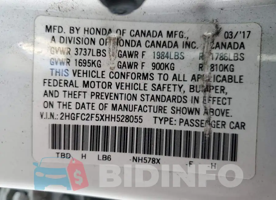 2HGFC2F5XHH528055 Photo# 12