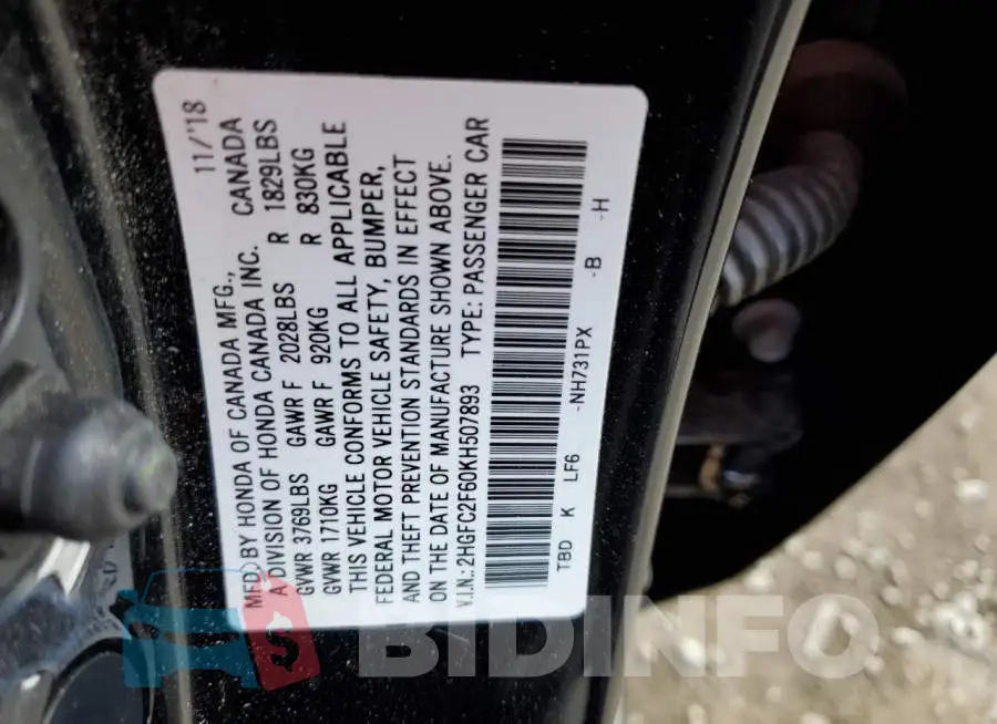2HGFC2F60KH507893 Photo# 10