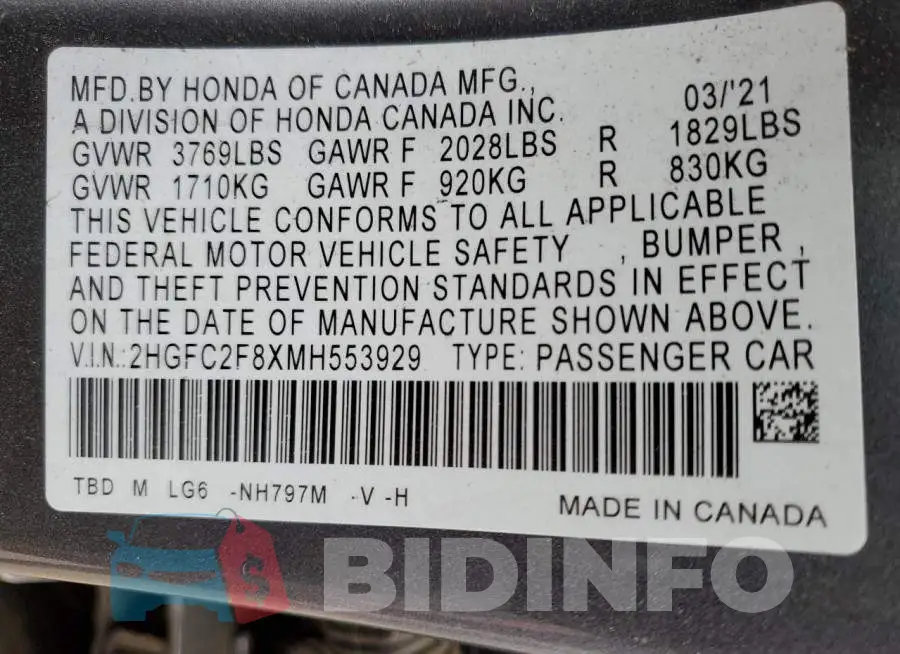 2HGFC2F8XMH553929 Photo# 12