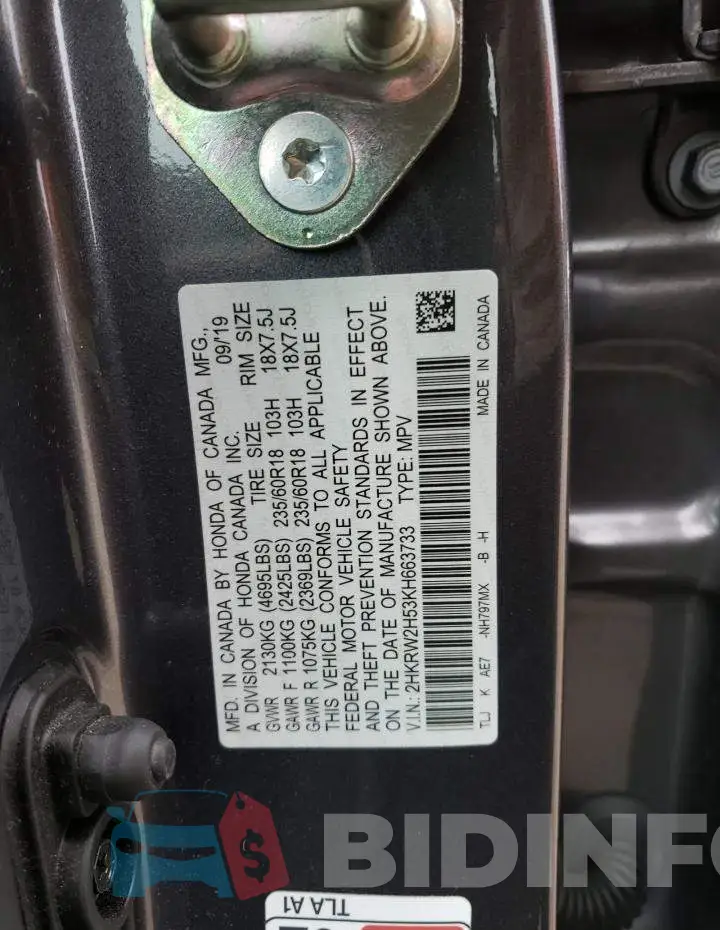 2HKRW2H53KH663733 Photo# 13