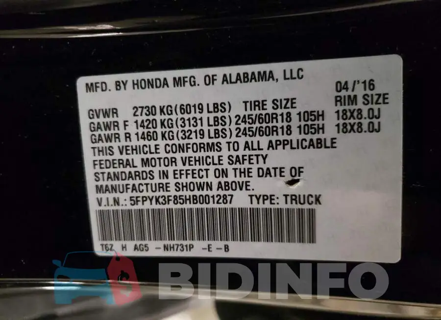 5FPYK3F85HB001287 Photo# 12