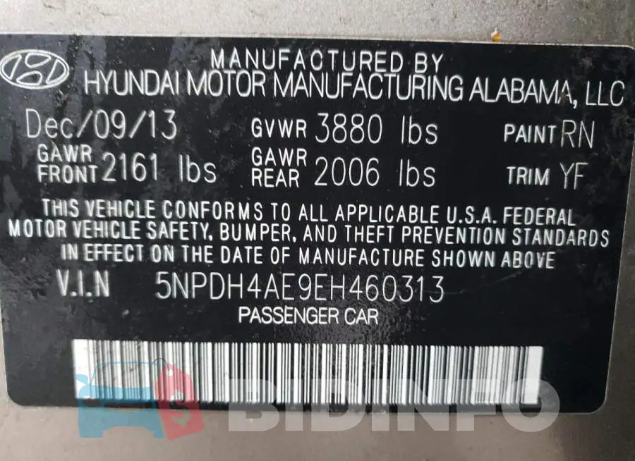 5NPDH4AE9EH460313 Photo# 13