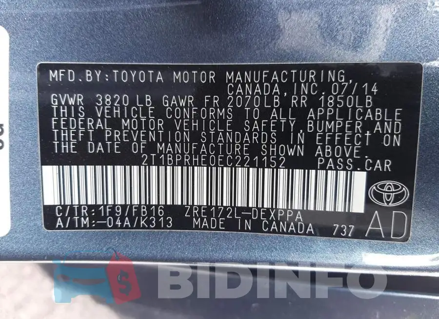 2T1BPRHE0EC221152 Photo# 13