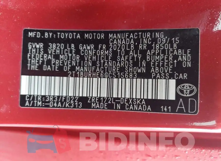 2T1BURHE6GC515683 Photo# 12
