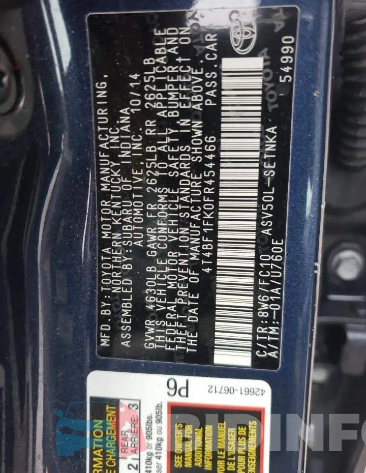 4T4BF1FK0FR454466 Photo# 12