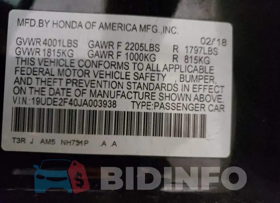 19UDE2F40JA003938 Photo# 12