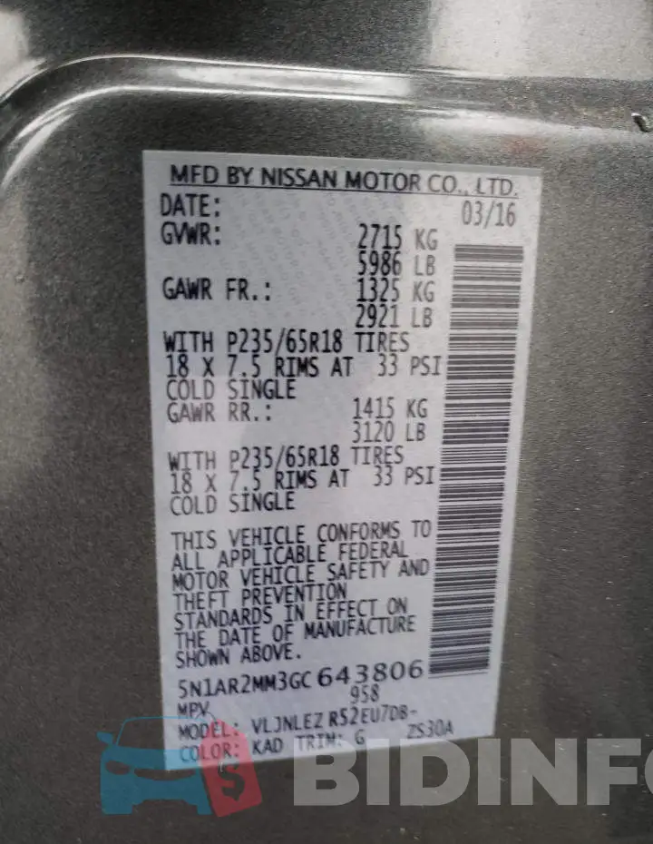 5N1AR2MM3GC643806 Photo# 12