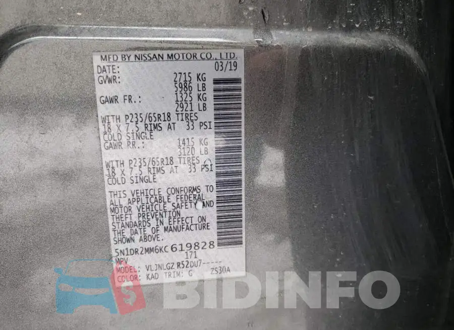 5N1DR2MM6KC619828 Photo# 10