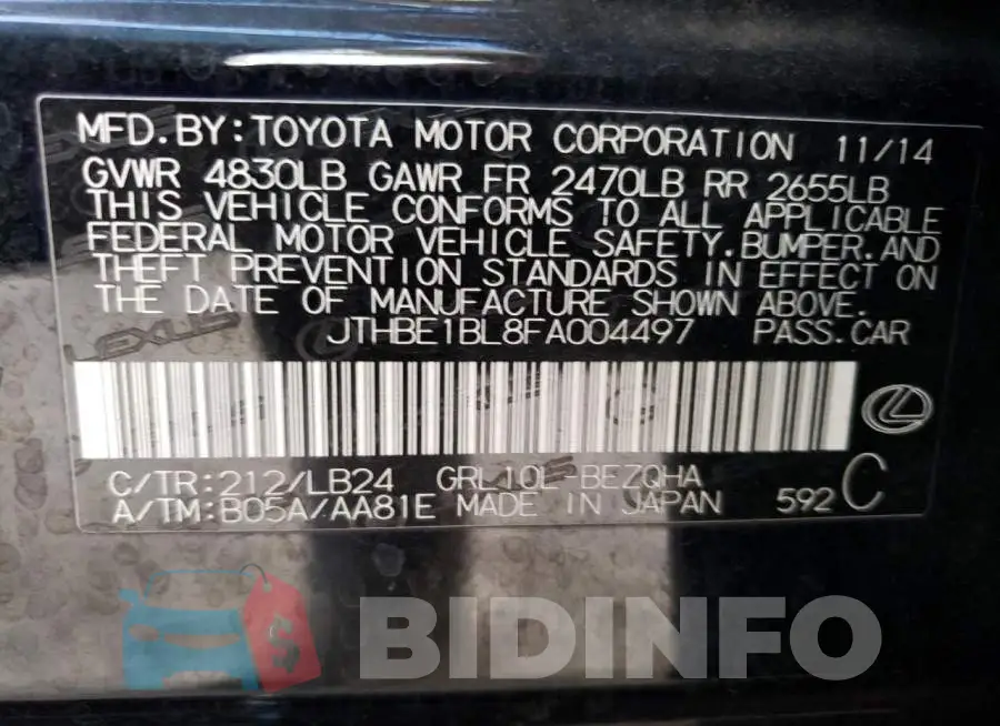 JTHBE1BL8FA004497 Photo# 12