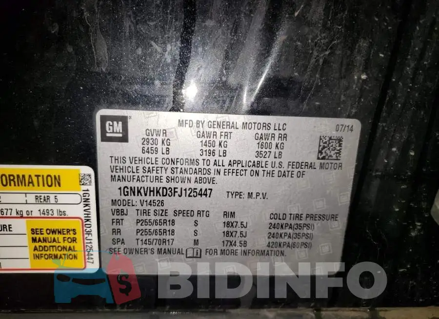 1GNKVHKD3FJ125447 Photo# 13