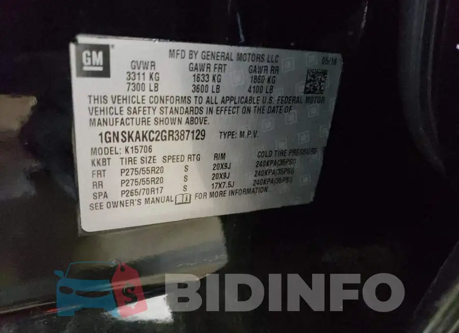 1GNSKAKC2GR387129 Photo# 13