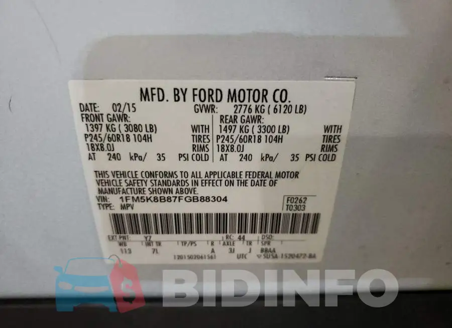 1FM5K8B87FGB88304 Photo# 14