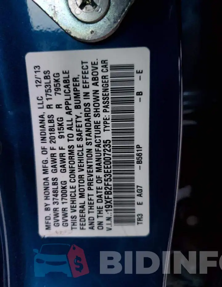 19XFB2F53EE007235 Photo# 12
