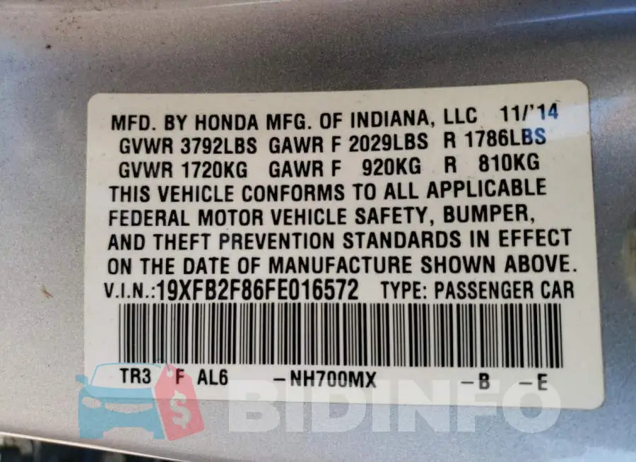 19XFB2F86FE016572 Photo# 12