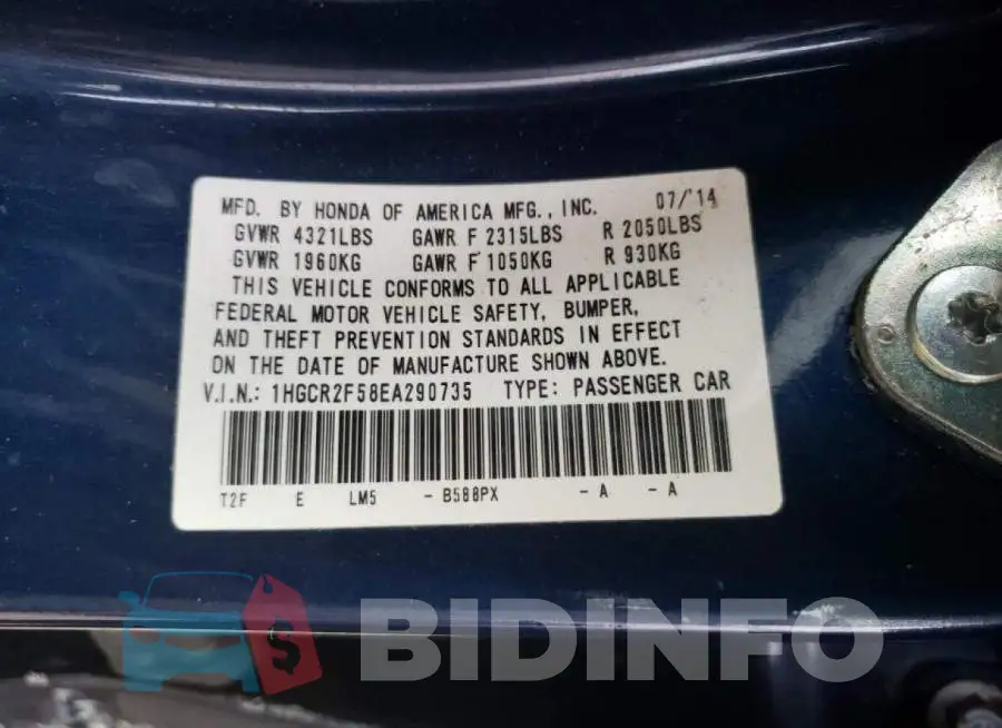 1HGCR2F58EA290735 Photo# 12