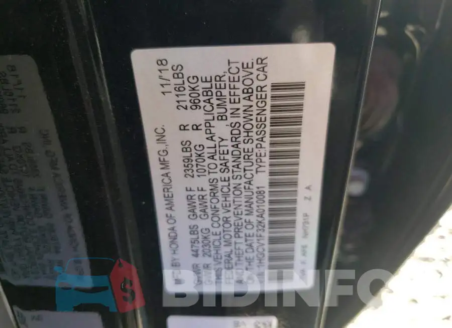 1HGCV1F32KA010081 Photo# 13