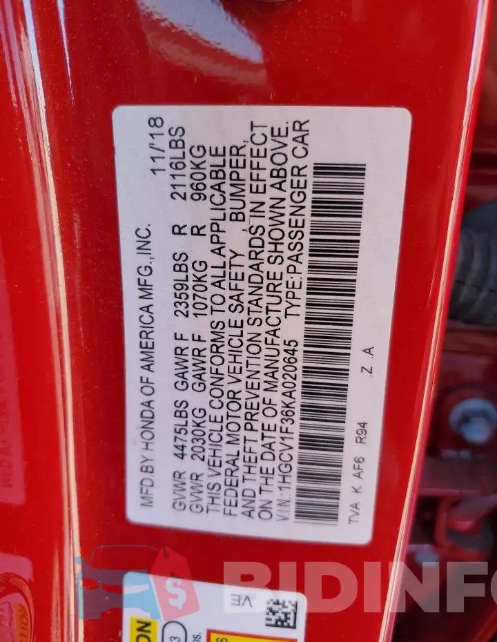 1HGCV1F36KA020645 Photo# 12