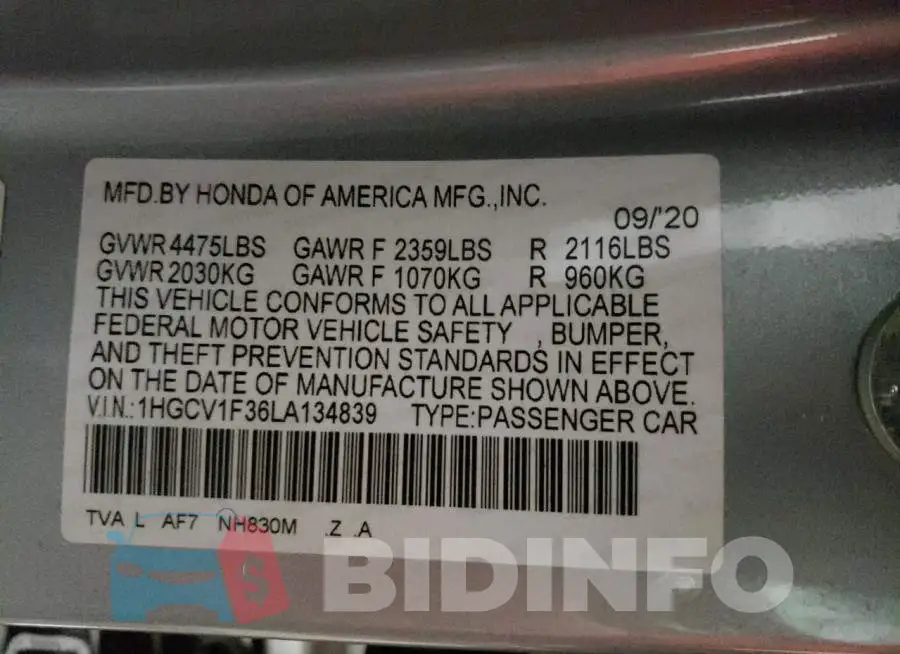 1HGCV1F36LA134839 Photo# 12