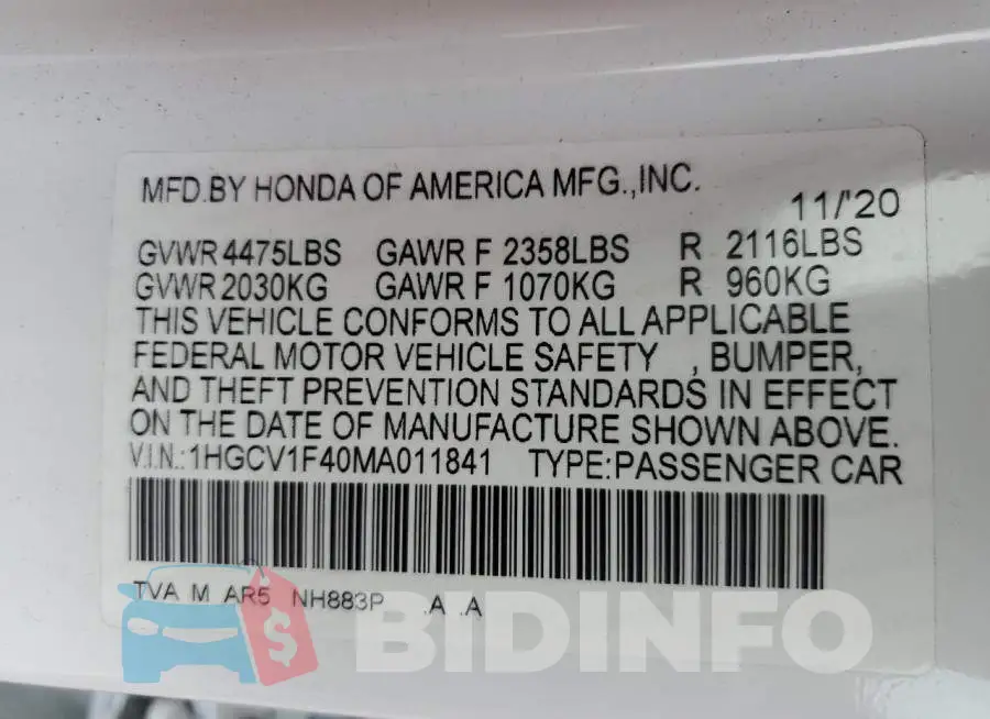 1HGCV1F40MA011841 Photo# 12