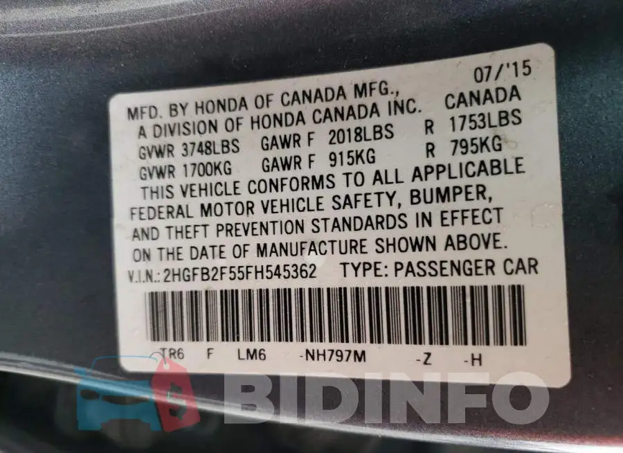 2HGFB2F55FH545362 Photo# 12