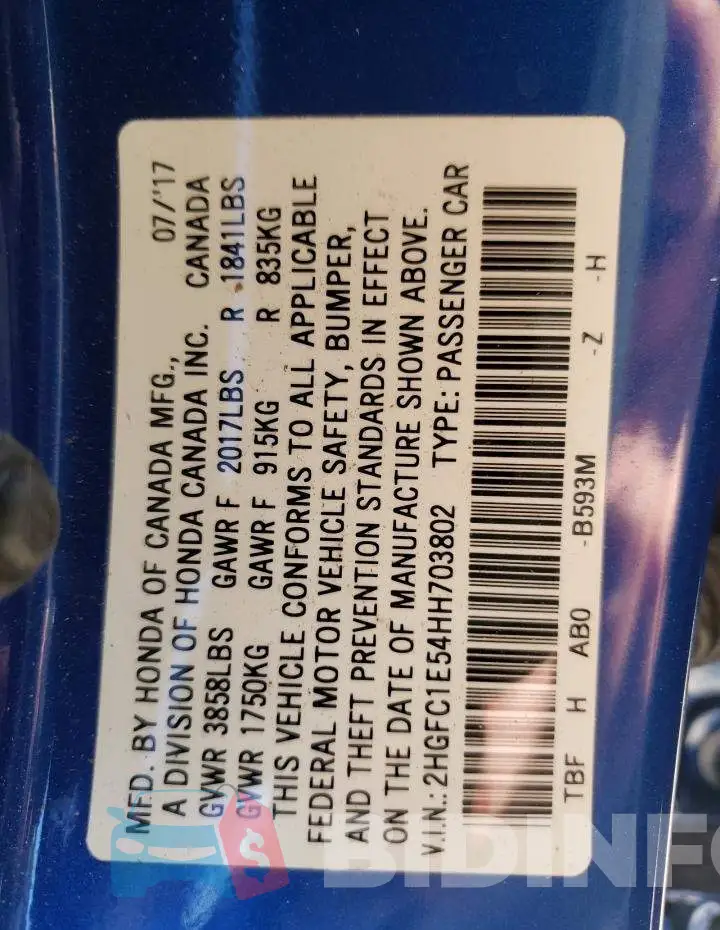 2HGFC1E54HH703802 Photo# 13