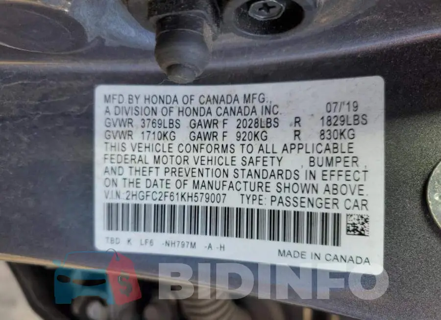 2HGFC2F61KH579007 Photo# 12