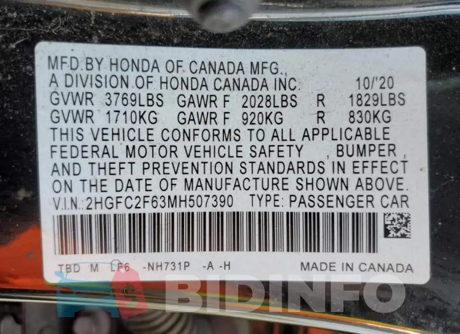 2HGFC2F63MH507390 Photo# 12