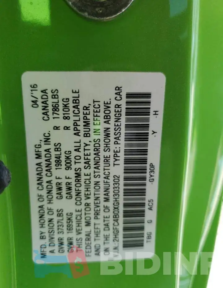 2HGFC4B0XGH303302 Photo# 12