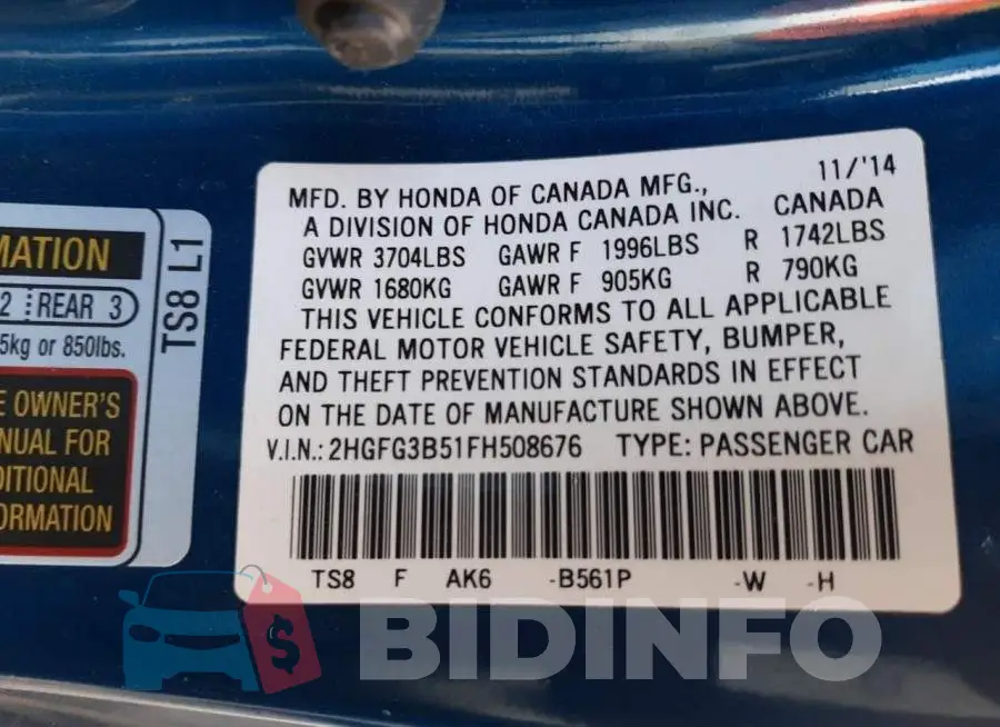 2HGFG3B51FH508676 Photo# 12