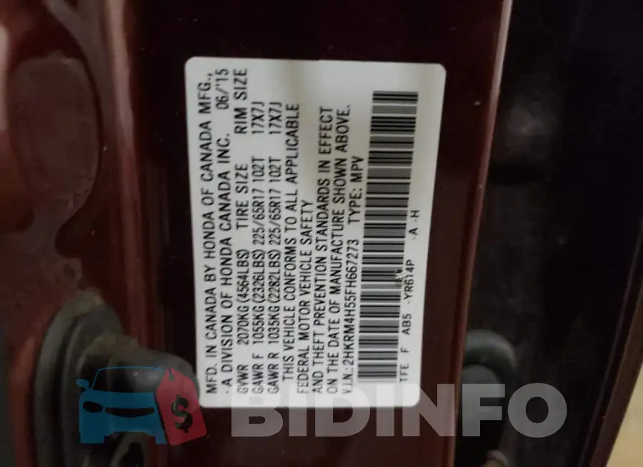 2HKRM4H55FH667273 Photo# 14