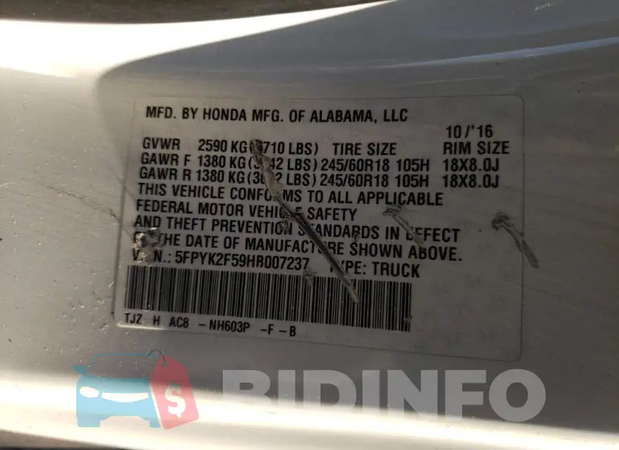 5FPYK2F59HB007237 Photo# 12