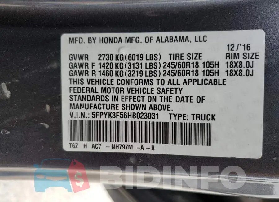 5FPYK3F56HB023031 Photo# 12