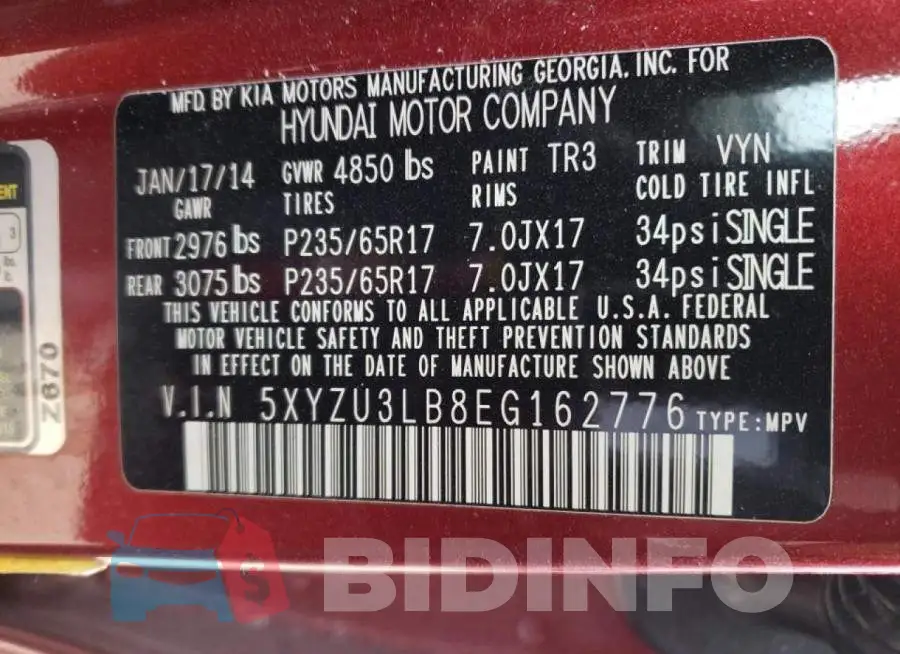5XYZU3LB8EG162776 Photo# 13