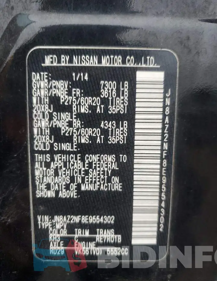 JN8AZ2NF8E9554302 Photo# 13