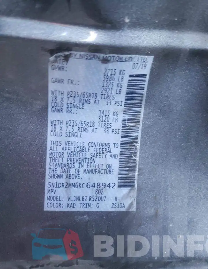 5N1DR2MM6KC648942 Photo# 14