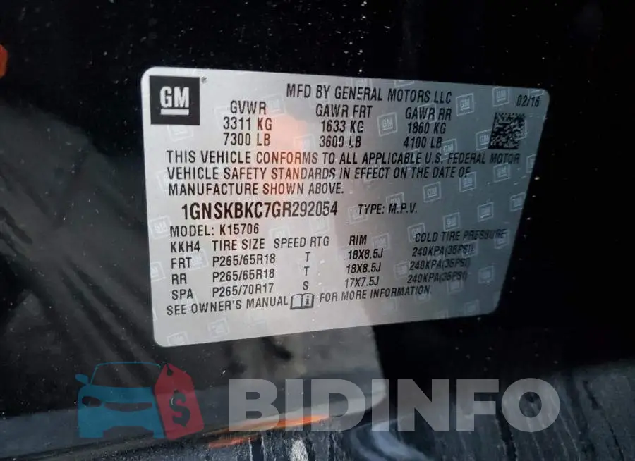 1GNSKBKC7GR292054 Photo# 12