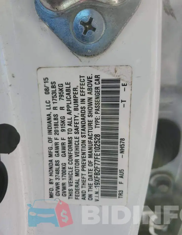 19XFB2F77FE102528 Photo# 13