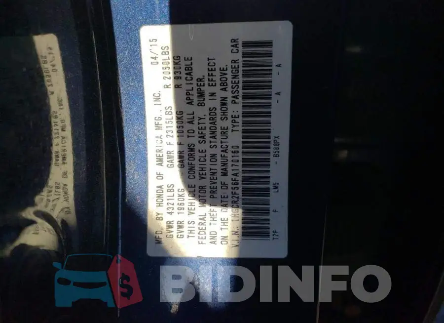 1HGCR2F56FA170160 Photo# 12