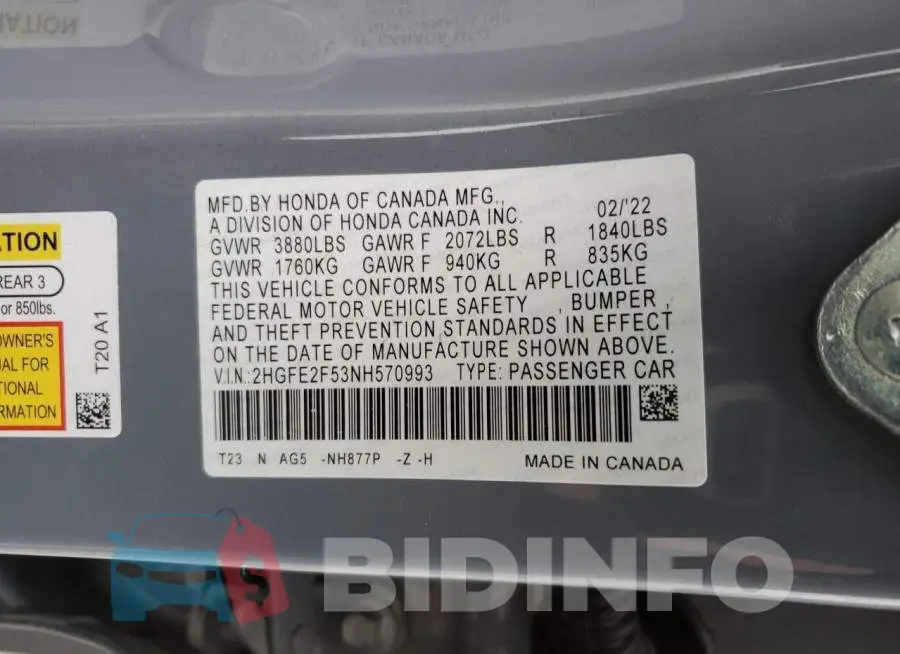 2HGFE2F53NH570993 Photo# 12