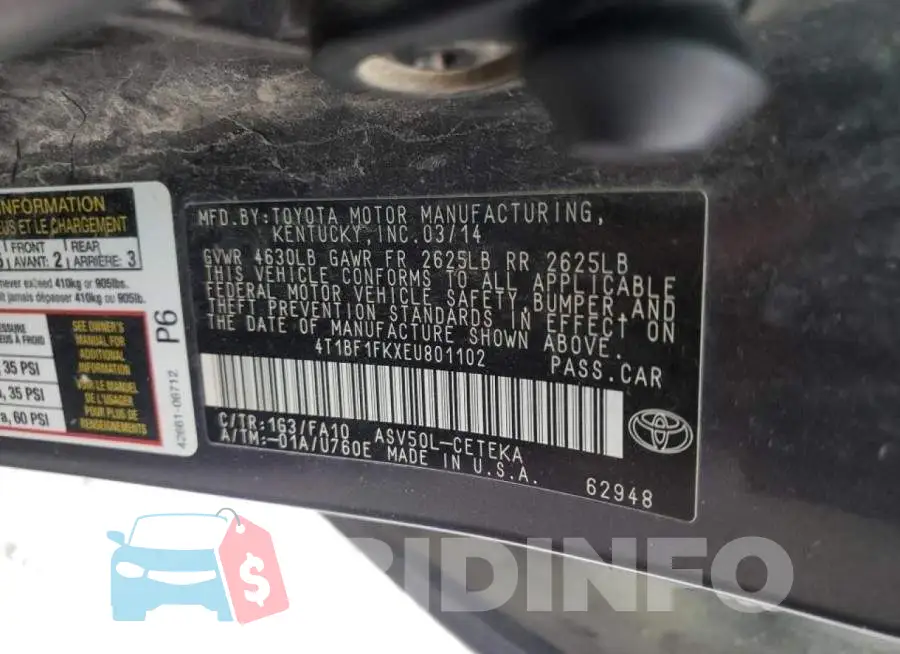 4T1BF1FKXEU801102 Photo# 12